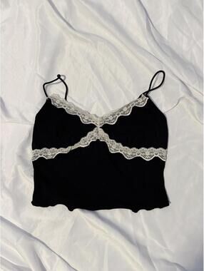 Black Ribbed Lace Trim Cami Crop Top